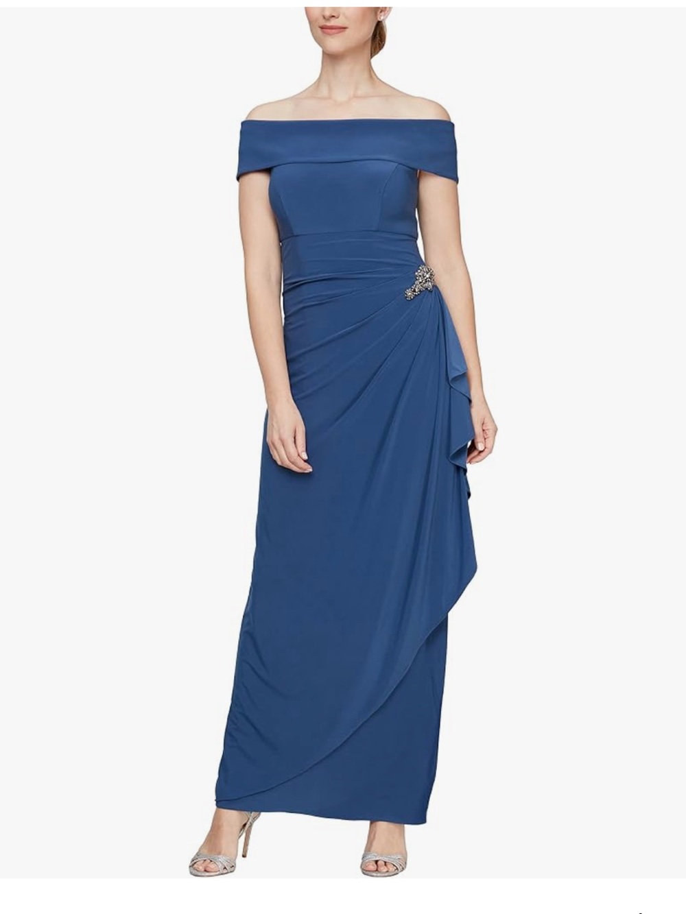 NWT Alex Evenings Long Foldover Off the Shoulder Gown Wedgewood Blue sz 18